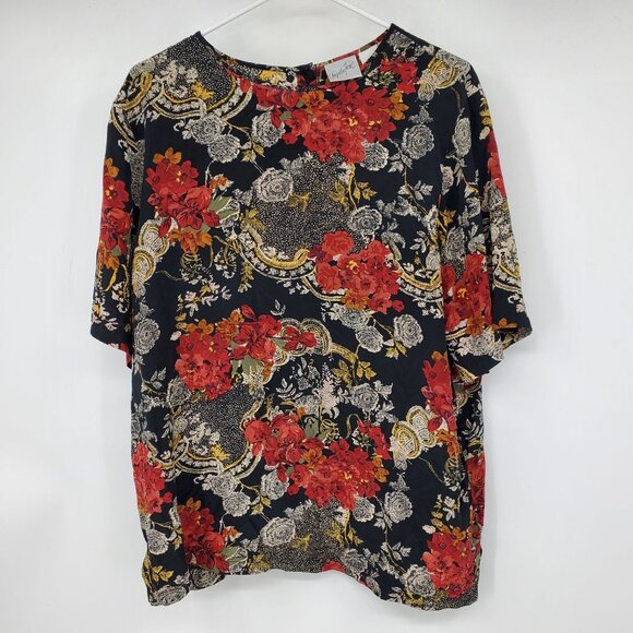 Jacqueline Ferrar 100% Silk Short Sleeve Rose Floral Pattern Blouse Shirt 14 - Picture 1 of 10